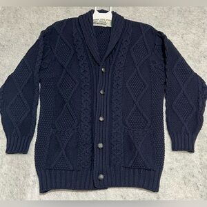 Aran Crafts Ireland~LG~Cardigan/Buttons100% Merino Wool Cable Knit Sweater~navy